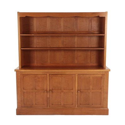 Lot 152 - Cat and Mouseman: Lyndon Hammell (Harmby): An English Oak Panelled Dresser, the upper section...