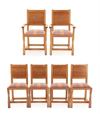 Lot 154 - Cat and Mouseman: Lyndon Hammell (Harmby): A Set of Six (4+2) English Oak Panel Back Dining Chairs