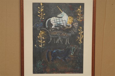 Lot 815 - Sonia Lawson (b.1934) "Captive Unicorn" Signed, inscribed verso, mixed media, 59cm by 42cm