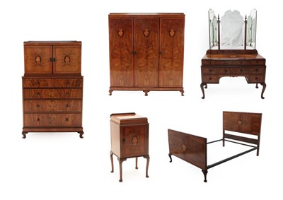 Lot 176 - An Exceptional Art Deco Five Piece Figured Walnut and Amboyna Burl Bedroom Suite, inlaid with...
