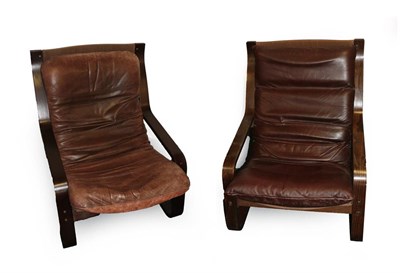 Lot 181 - Two 1970's Scandinavian Lounge Chairs, canvas slung seats with leather cushions, unmarked,...