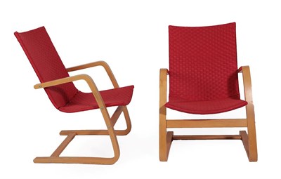 Lot 182 - A Pair of Scandinavian Laminated Bent Beechwood Cantilever Chairs, with red webbing, unmarked, 85cm