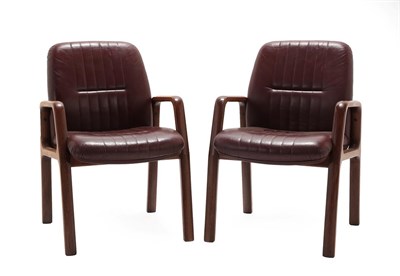 Lot 187 - A Pair of Vaghi Armchairs, laminated wood frames, upholstered in oxblood leather, labelled...