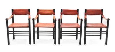 Lot 188 - A Set of Four 1970's Ibisco Italian Armchairs, black lacquered beech frames, cognac leather...