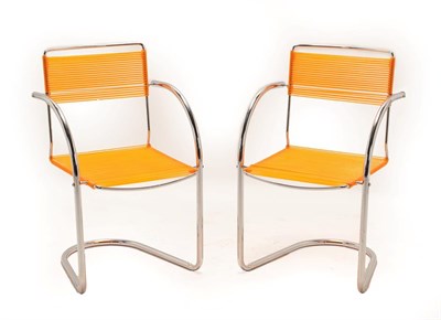 Lot 190 - A Pair of Spaghetti Chairs, cantilever chrome frames with orange plastic straps, unmarked,...