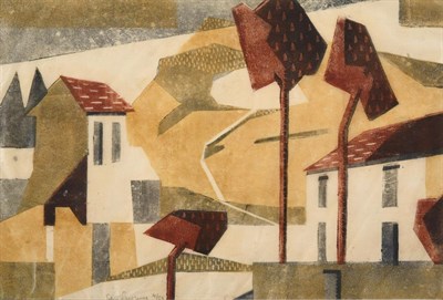 Lot 1014 - Edith Lawrence (1890-1973)  ''Houses and trees''  Signed and numbered 4/50, linocut, 22cm by 32.5cm
