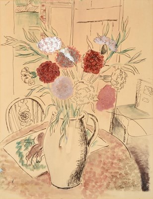 Lot 1033 - John Tunnard ARA (1900-1971) Still life of flowers in a jug with a wheelback chair Indistinctly...