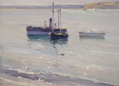 Lot 1051 - Frederick Milner (1835-1939) Fishing boats moored off a shoreline Signed, oil on panel, 23cm by...