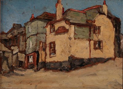 Lot 1064 - Alexander Jamieson (1873-1937) Scottish Pub on West Country sea shore Oil on panel, 14.5cm by 20cm