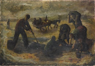 Lot 1076 - Circle of Norman Stansfield Cornish (1919-2014) Figures gathering sea coal Oil on canvas, 63.5cm by