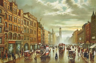 Lot 1077 - Steven Scholes (b.1952) ''Market Street Manchester, 1908'' Signed, inscribed verso, oil on...