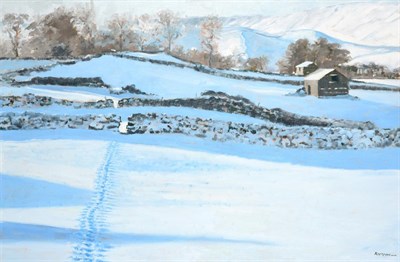 Lot 1084 - Brian Alderman (b.1954) ''Footsteps in the Snow'' Signed, inscribed verso, oil on canvas, 60cm...