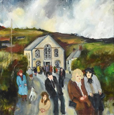 Lot 1094 - Gill Watkiss (b.1938) Figures coming out of a Methodist church Signed and dated (20)17, oil on...