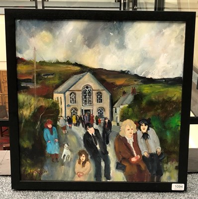 Lot 1094 - Gill Watkiss (b.1938) Figures coming out of a Methodist church Signed and dated (20)17, oil on...