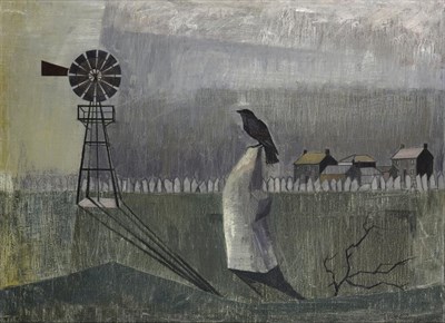 Lot 1105 - Jack Pender (1918-19998) Shrouded figure, raven and windmill in a landscape Signed, oil on...