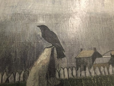 Lot 1105 - Jack Pender (1918-19998) Shrouded figure, raven and windmill in a landscape Signed, oil on...