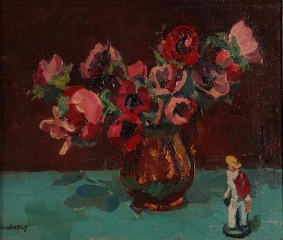Lot 1110 - Philip Naviasky (1873-1983) Still life of Poppies with figurine Signed, oil on canvas, 29cm by 34cm