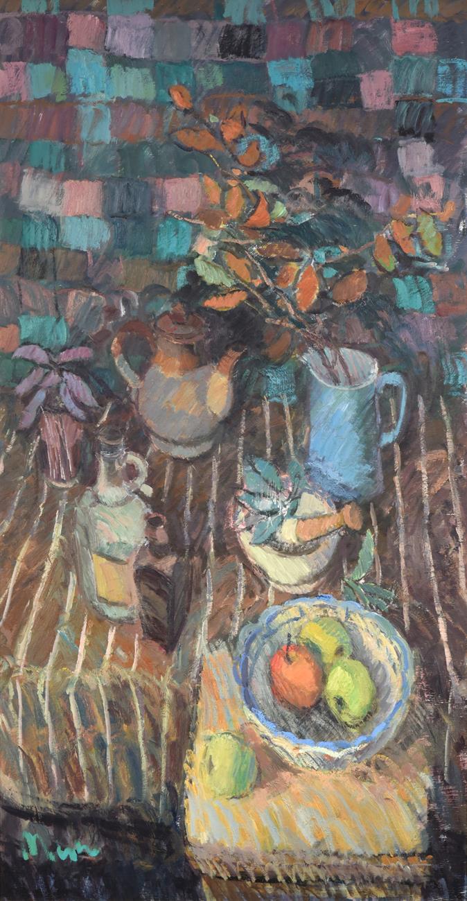 Lot 1112 - Donald Manson (b.1948) Scottish ''Still life with Checked Cloth'' Signed, oil on board, 120cm...