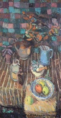 Lot 1112 - Donald Manson (b.1948) Scottish ''Still life with Checked Cloth'' Signed, oil on board, 120cm...