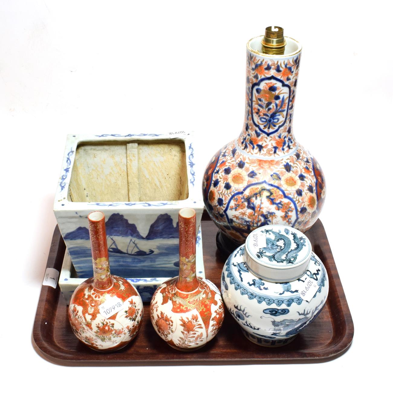 Lot 1 - A 19th century blue and white Chinese square planter, pair of Japanese Kutani vases, a blue and...