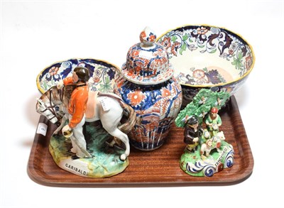 Lot 6 - Two Staffordshire figures, two Ironstone bowls and an Imari vase and cover
