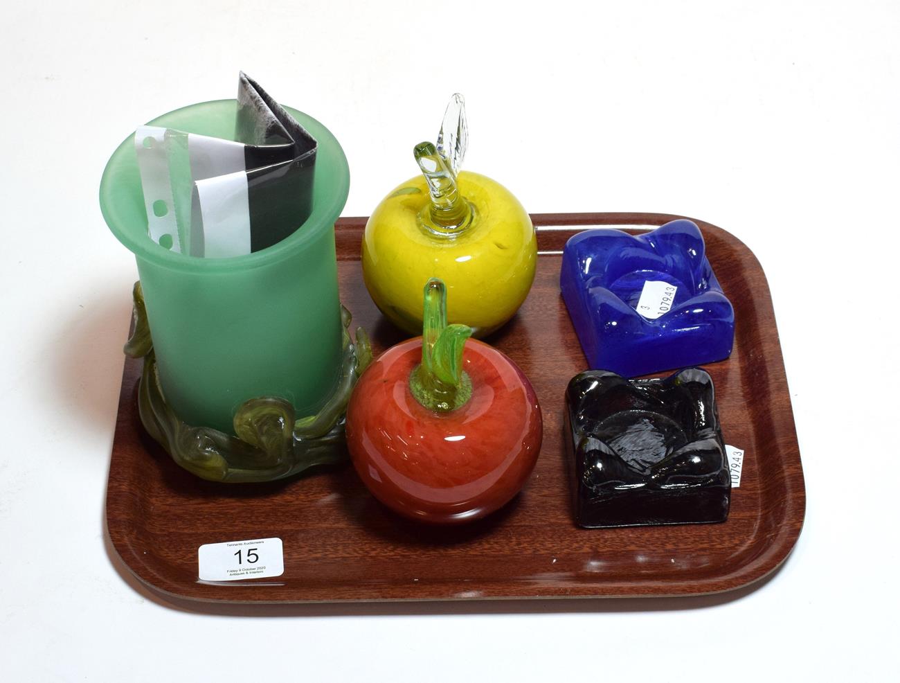 Lot 15 - Mihai Topescu green glass vase, two pieces of coloured fruit, blue squat glass candlestick and...