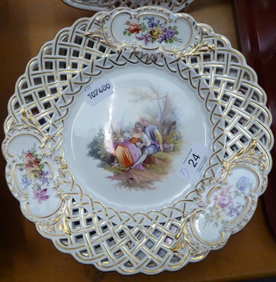 Lot 24 - Six 20th century Meissen dessert plates, each with pierced border, floral vignettes and central...