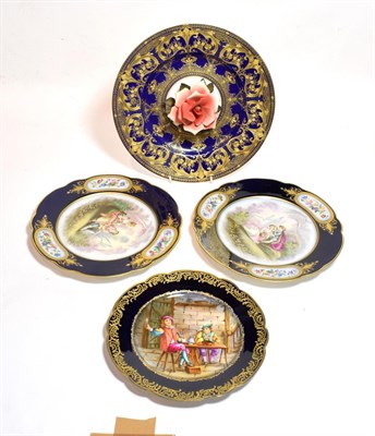 Lot 26 - Three Sevres porcelain cabinet plates, painted with various scenes, largest 24cm diameter; together
