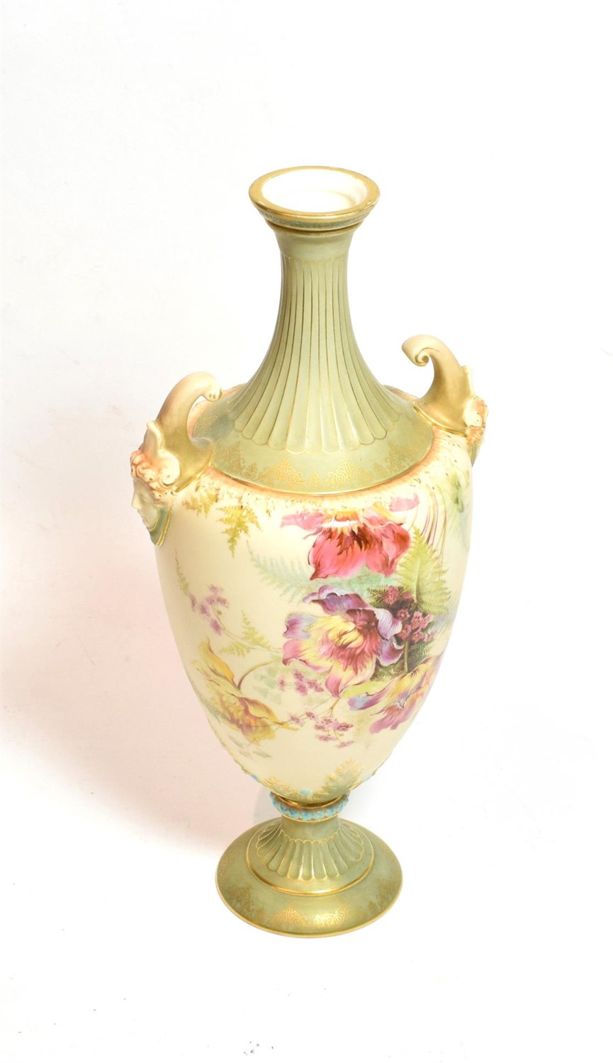 Lot 27 - A Royal Worcester twin-handled floral painted blue ivory vase (lacking cover), model no. 1911, 33cm