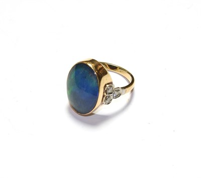 Lot 46 - An opal doublet and diamond ring, stamped '9CT', finger size N