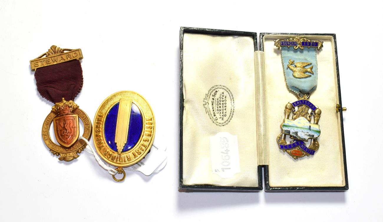 Lot 52 - A cased Saltscar Lodge No 5173 medal and two others (3)