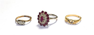 Lot 57 - A diamond three stone ring, stamped '?CT' and 'PLAT', finger size K1/2; a five stone ring,...