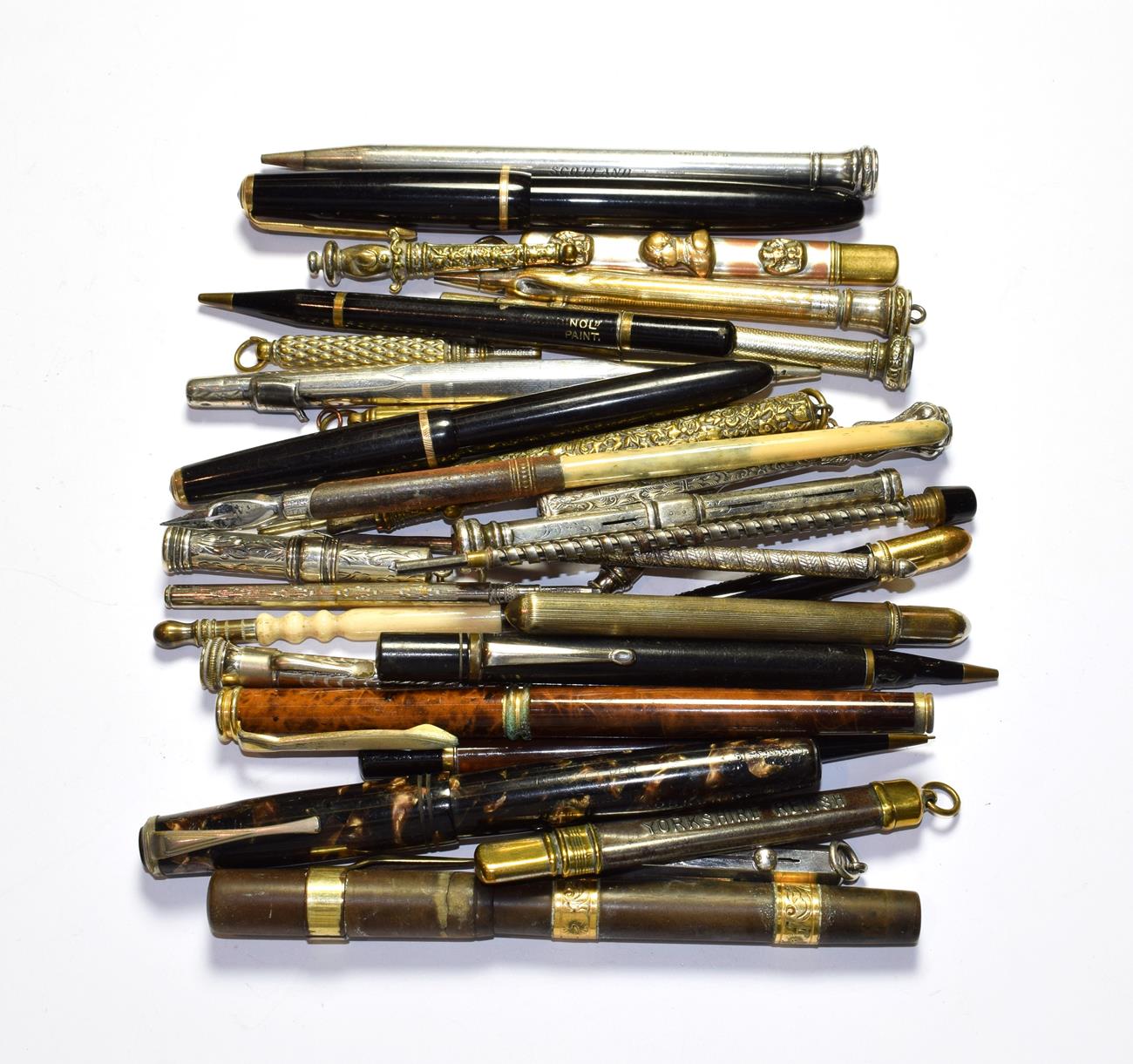 Lot 65 - A collection of assorted silver, white metal and plated pens, pencils and other items, together...
