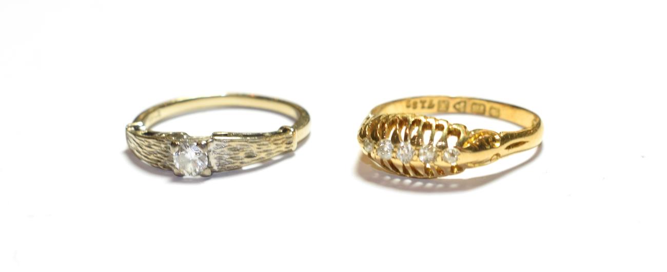 Lot 75 - An 18 carat gold diamond five stone ring, finger size O; and a diamond solitaire ring, with...