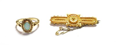 Lot 78 - A 15 carat gold bar brooch, length 4.2cm; and an opal cluster ring, finger size N (a.f.)