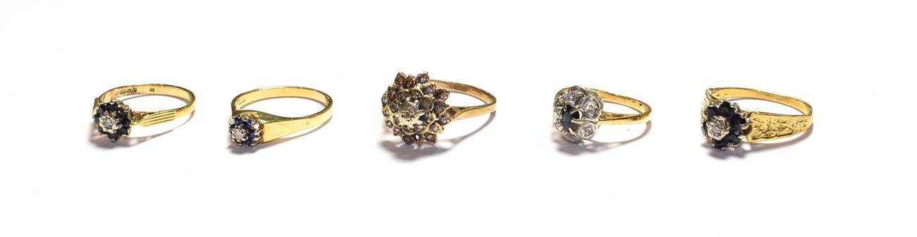Lot 80 - Three 18 carat gold sapphire and diamond rings, various designs and finger sizes; a 9 carat...