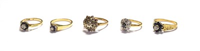 Lot 80 - Three 18 carat gold sapphire and diamond rings, various designs and finger sizes; a 9 carat...