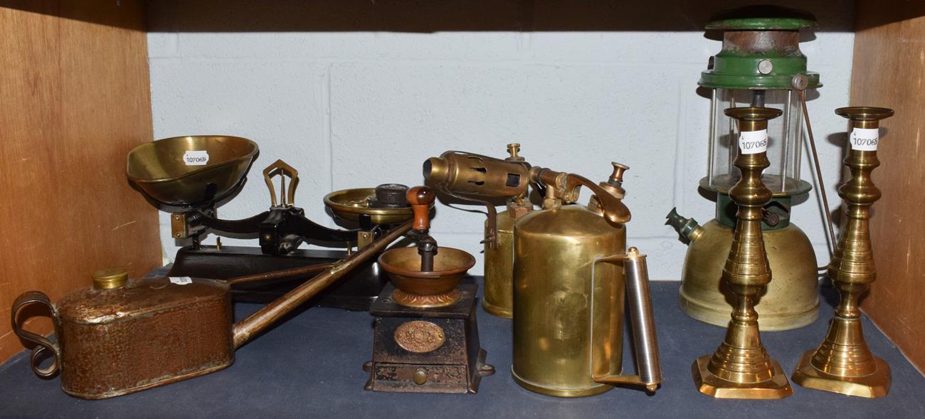 Lot 90 - Lantern, scales, blow torches, Kenrick & Sons coffee grinder etc
