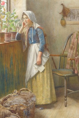 Lot 838 - Ralph Todd (1856-1932) Fishergirl standing beside a window, holding a letter Signed, pencil and...