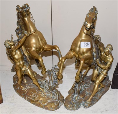 Lot 109 - After Coustou: A pair of Marley horses and on integral bases, bearing signature, 19th century,...