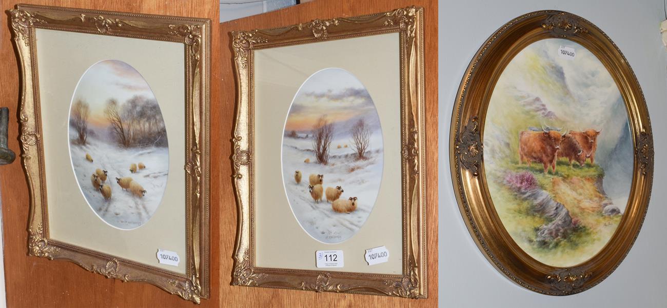 Lot 112 - A pair of painted porcelain panels depicting sheep in a snowy landscape, each signed M.Holloway...