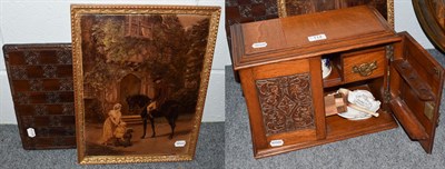 Lot 114 - A oak smoker's cabinet; a crystoleum; and a chessboard (3)