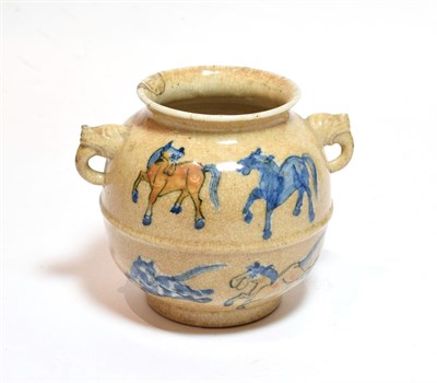 Lot 126 - A Chinese twin-handled cafe au lait glaze vase (a.f.), decorated with the eight horses of Mu...