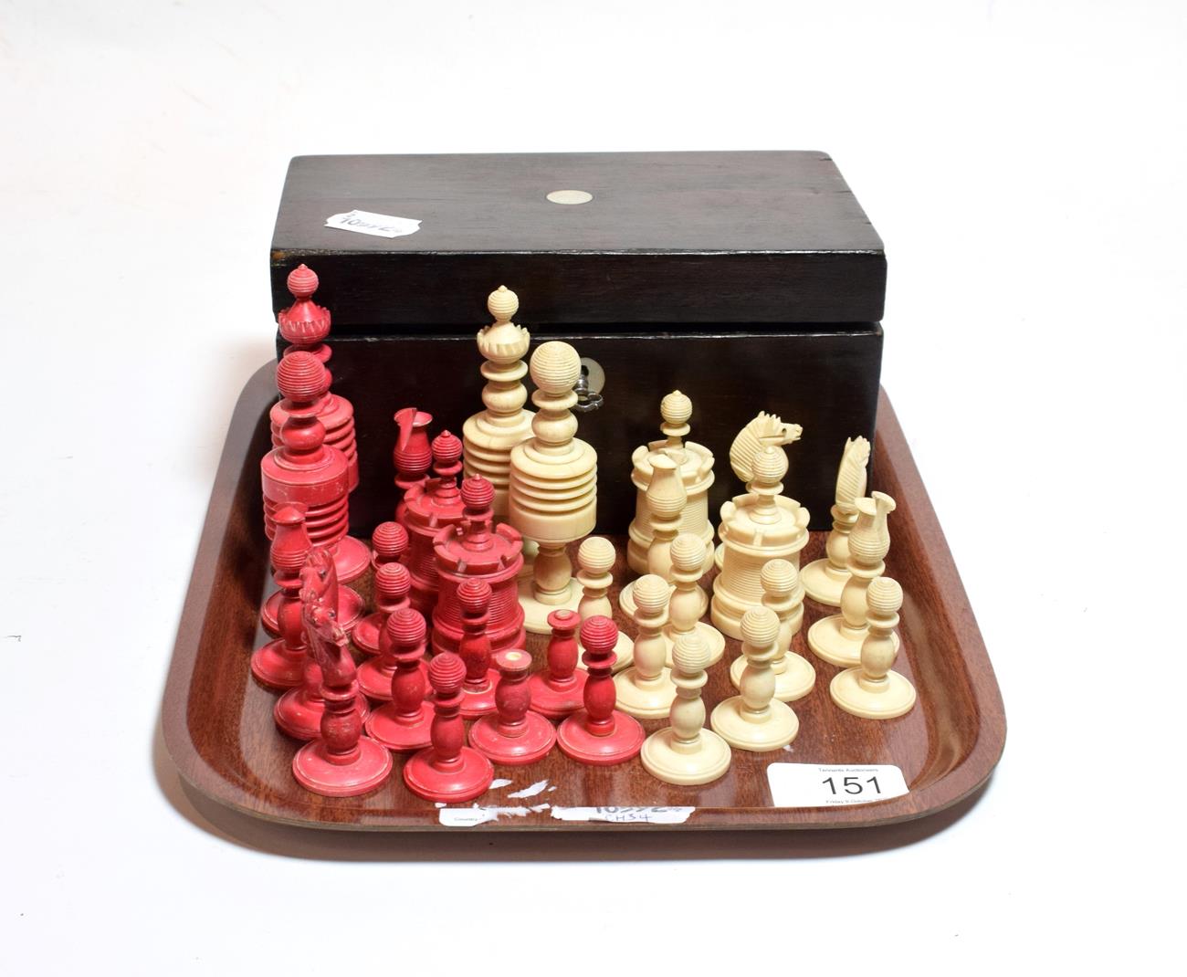 Lot 151 - A stained and turned bone Staunton pattern chess set, late 19th century, the king 10cm high,...