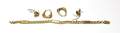 Lot 157 - A fancy link bracelet, stamped '750', length 19.8cm; a pair of bow motif earrings, unmarked;...