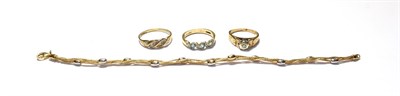 Lot 159 - A fancy link bracelet, stamped '375', length 19cm; a 9 carat gold diamond solitaire ring,...