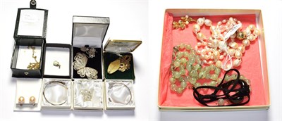Lot 166 - A baroque pearl necklace; an opal pendant; silver filigree butterfly brooch and earrings; a...