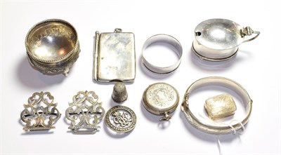 Lot 169 - Assorted silver items including a mustard pot, stiff hinge bangle, watch case etc. various...