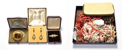 Lot 173 - A quantity of costume jewellery including a Victorian citrine brooch, a pair of marcasite drop...
