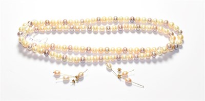 Lot 175 - A single row multi-coloured cultured pearl necklace, length 100cm (approximately); and a pair...